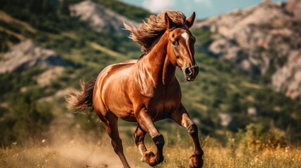 Fototapeta premium a brown horse running fast in the open. The horse ran strongly, and raised dust from the ground with its powerful steps.