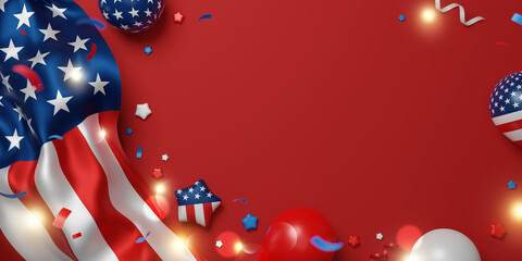 4th of july usa Independence labor and memorial day banner design of american flag and balloons on red background 3D render