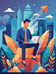 Digital Nomad Working Outdoors in a Modern Cityscape