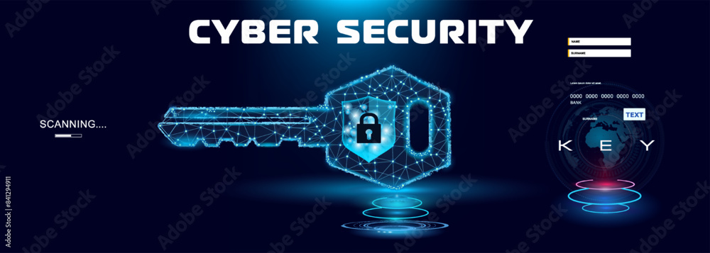 Poster futuristic electronic digital key with hologram and cybersecurity code. modern digital code protecti