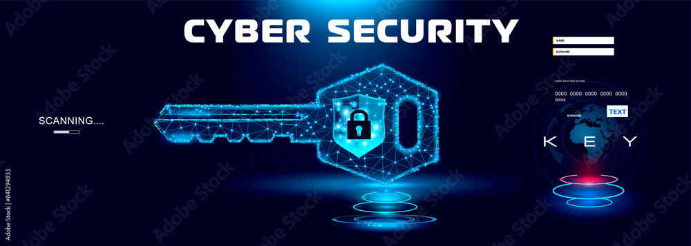 Poster futuristic electronic digital key with hologram and cybersecurity code. modern digital code protecti