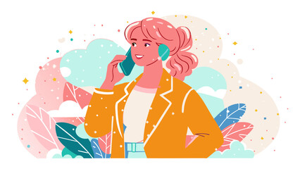 Trendy Woman Chatting on Smartphone Outdoors with Abstract Nature Background