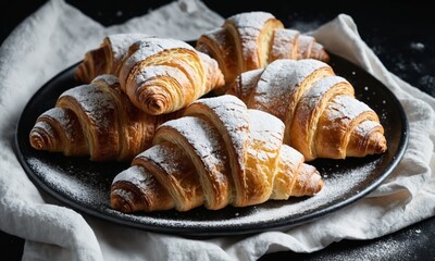 Fototapeta premium Freshly baked croissants dusted with powdered sugar on a black plate