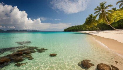 Tropical beach scene with crystal clear water, white sand, and a bright blue sky, Blue sky and white sand beach. Beautiful sea.