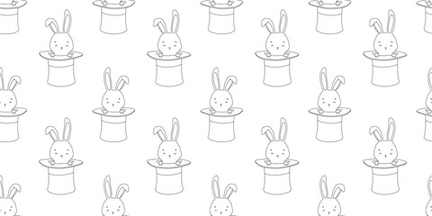 Seamless pattern with outline cute bunny in magic hat on white background. Hand drawn repeat backdrop for nursery, kids and baby.