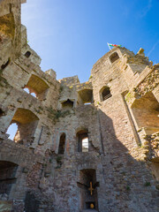 Looking up at inside ruined keep tower of Raglan Castle (Wales, United Kingdom)