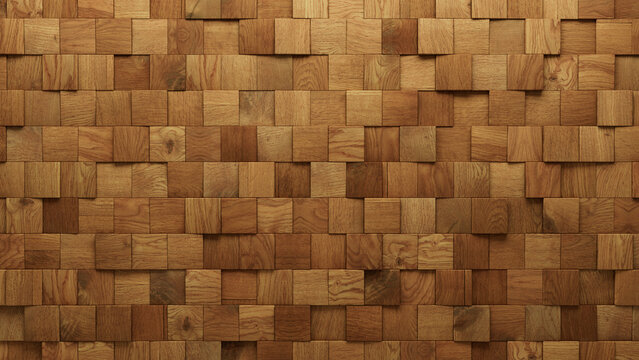Square Tiles arranged to create a Timber wall. 3D, Wood Background formed from Natural blocks. 3D Render