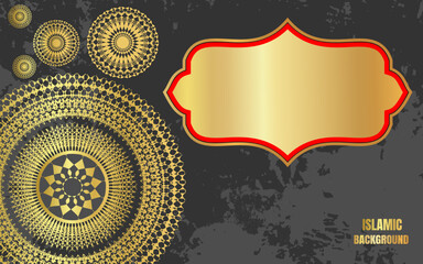Islamic poster template with decorative ornaments, golden circle shape. For Islamic New Year Muharram, Mubarak, Eid al-Fitr, Eid al-Adha etc