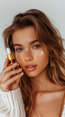 Fototapeta premium Beautiful smiling young woman with clean skin holding facial essential oil or serum with dropper, rejuvenation and skin care, white background