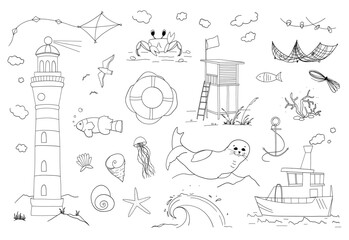 Set of sea animals and marine objects. Illustrations without color. Good for children's coloring books. Doodle style. Hand drawing. Vector	