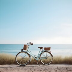 Obraz premium Beachside Cycling Adventure: Riding by the Sea under a Blue Sky