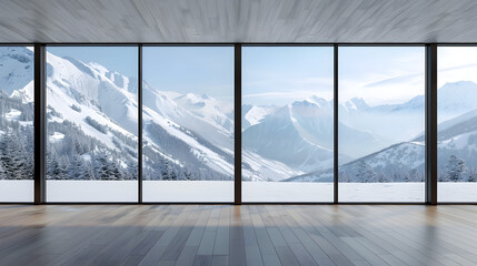 Fototapeta premium Modern empty room with floortoceiling windows overlooking snowy mountains. wooden flooring. minimalist style. clean background 