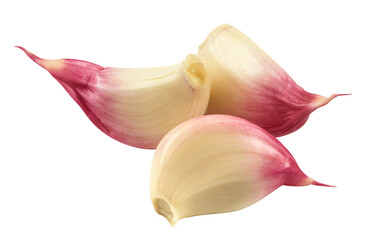 Three cloves of garlic isolated on a transparent background.