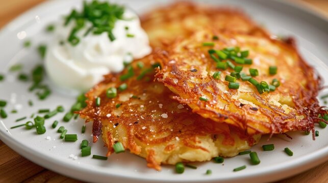 Golden brown potato pancakes with a crispy texture served with sour cream and chives