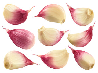 Garlic isolated set. Collection of garlic cloves on a transparent background, from different angles.