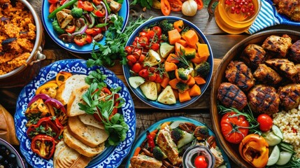 Fototapeta premium A wooden table filled with diverse types of food, great for editorial or commercial use