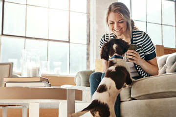 Dog, coffee or happy woman in living room to relax on sofa in home, house or lounge for training....