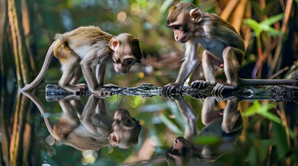 monkey standing and looking at his reflection 