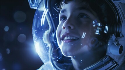 Naklejka premium a boy in the astronaut suit floating in space with a happy face