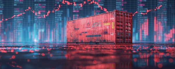 Red cargo container over financial candlestick chart