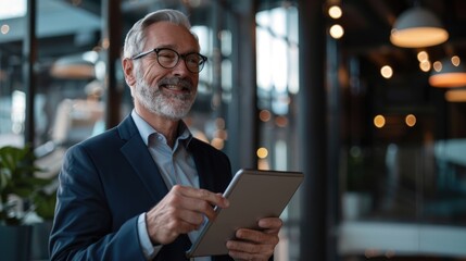 Fototapeta premium A businessman holds a tablet computer, possibly checking emails or taking notes