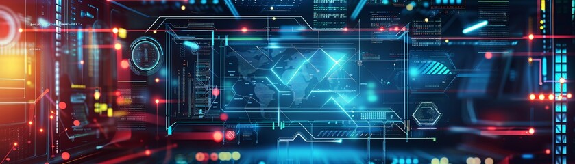 Obraz premium Neon-lit office with cyberpunk theme and advanced tech overlays, blurred background of work areas