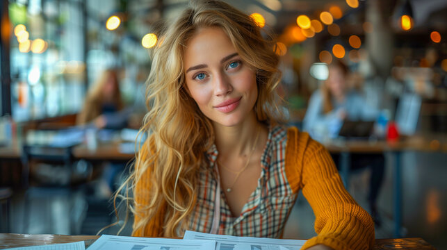 A young woman with long blonde hair sits at a table in a bustling cafe, her eyes looking directly at the camera