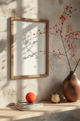 mockup of a square wooden frame on the wall, with an empty space inside for your design or text. The frame is placed against a textured beige concrete background. 