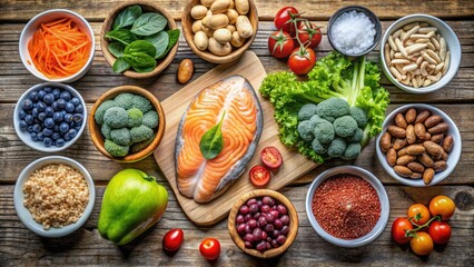 Assorted healthy foods including salmon and berries.