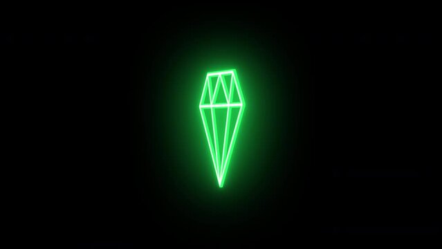 Neon diamond sign animation, rotation around vertical axis. Glowing neon 3D gemstone icon, looped spin. Gem, brilliant stone, royal treasure, jewel, premium and luxury, rich. Green, yellow, orange