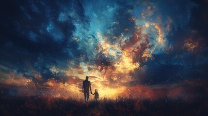 Fototapeta premium Father and Child Holding Hands as they Walk Together - Orange and Blue Color Tone Fathers Day Vector Theme - Generative AI 
