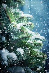 Obraz premium A pine tree covered in snow and snowflakes, perfect for winter or holiday scenes