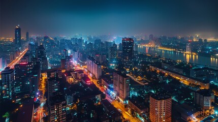 Obraz premium City night scene. Aerial high view. Generative AI.