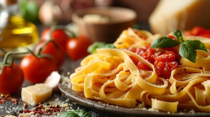 Homemade pasta with tomato sauce. Italian trattoria background.