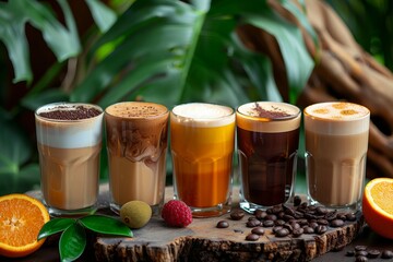 Variety of organic coffee drinks on a natural background 
