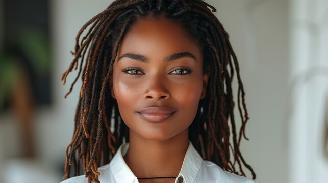 modern dark brown skin woman with long dread locks wearing a white shirt, with soft natural make