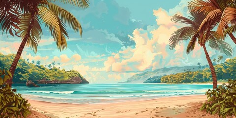 A sunny tropical beach scene with tall palm trees and calm waters