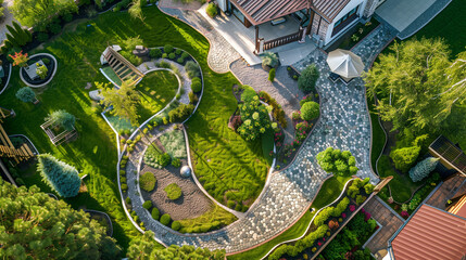 Moscow Region - Aug 24, 2019: Landscape design at residential house taken from above. Beautiful landscaping in home garden in summer. Aerial panoramic view of nice landscaped garden in backyard