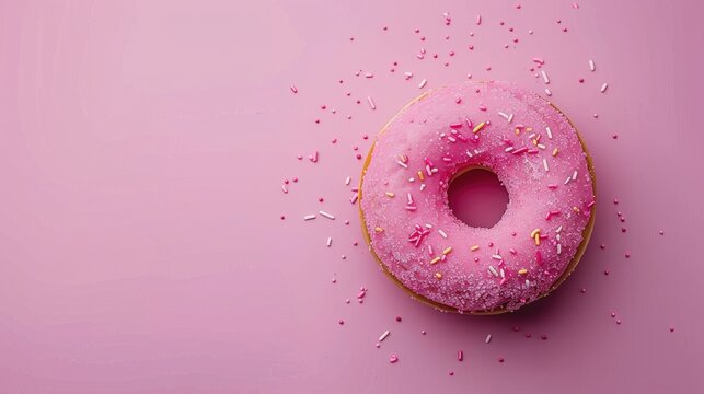 A colorful donut with sprinkles on a matching pink background, great for food and dessert images