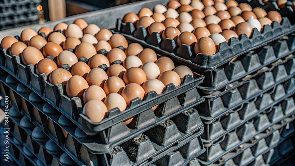 Sticker Trays of brown eggs in a rustic market setting.