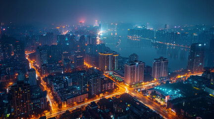 City night scene. Aerial high view. Generative AI.