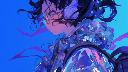 Vibrant Harajuku Fashion: Futuristic Anime Girl in Transparent PVC Jacket with Colorful Reflective Details and Headphones, Carrying Backpack, エーテリアル ブリス - カラフルな反射する生地の周りで音楽を聴く喜びに満ちた女性