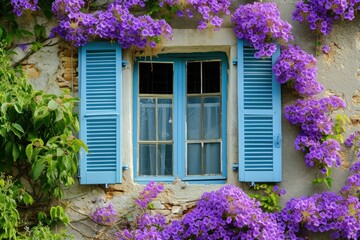 Quaint window adorned with vibrant purple flowers and rustic blue shutters on a stone wall