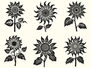 Sunflower silhouette set, set isolated silhouette sunflower, balck and white sunflower