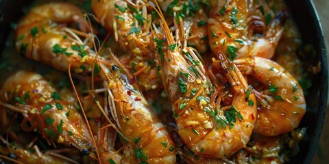 A pan filled with cooked shrimp, garnished with parsley