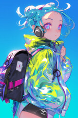 Cyber Harajuku: Vibrant Futuristic Fashion Anime Girl with Headphones in Transparent PVC Jacket and Reflective Fabric, Carrying Backpack,サイバー原宿: 透明な PVC ジャケットと反射生地のヘッドフォンを備えた活気に満ちた未来的なファッション アニメの女の子