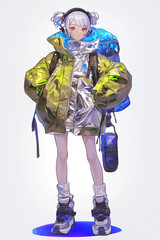 Vibrant Harajuku Fashion: Futuristic Anime Girl in Transparent PVC Jacket with Reflective Fabric inner and Headphones - 活気に満ちた原宿ファッション: 反射素材のインナーとヘッドフォンを備えた透明 PVC ジャケットを着た未来的なアニメの女の子