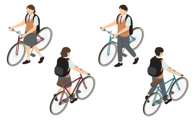 Fototapeta premium アイソメトリックイラスト：自転車を押す男女の高校生(夏服)