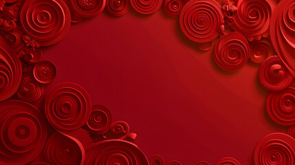 Red circular setting with spiral clay carved figures. Vector portrayal of a deep red gradient texture setting with spirals for crafting. placard. signboard 