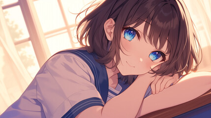 Youthful Japanese Student Girl with Short Bob Haircut and Bright Blue Eyes in Uniform